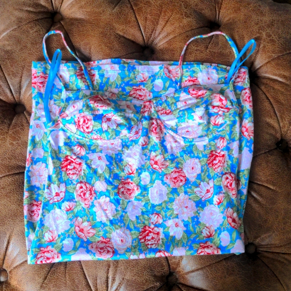 Turquoise Pink Floral Mini Dress with Bustier Top Size: Small